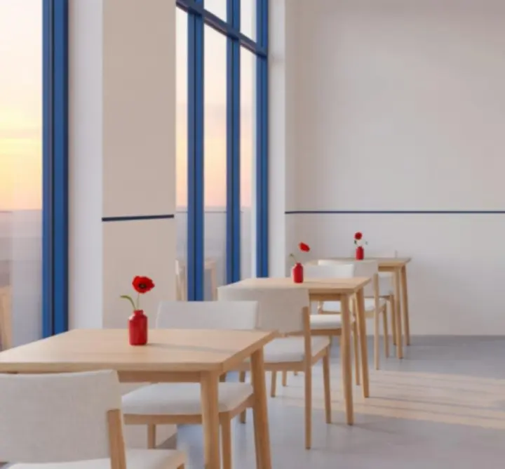 Minimalistický interiér Czech Venue Hub s čistým designem inspirovaným českou vlajkou.