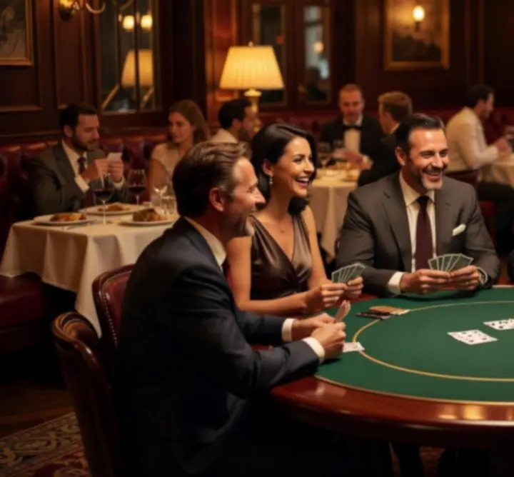 Elegantní pokerový stůl v restauraci připravený na večerní hru.