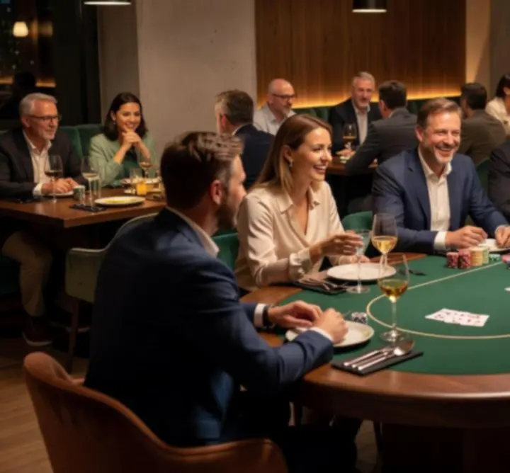 Večerní atmosféra moderní restaurace s pokerovým stolem a hosty u drinku.