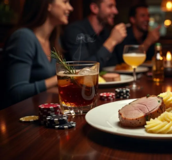 Prémiové jídlo a koktejly servírované během pokerového večera v restauraci.
