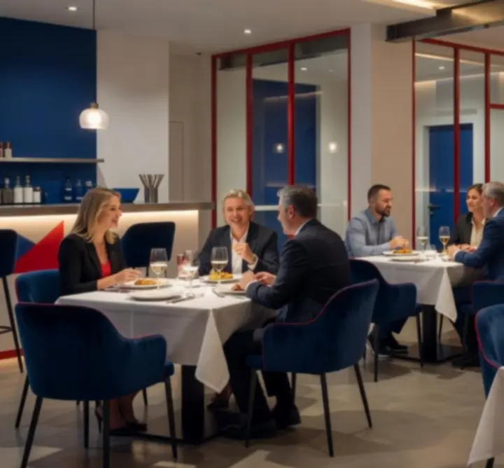 Večerní interiér restaurace s hosty u stolu v Czech Venue Hub