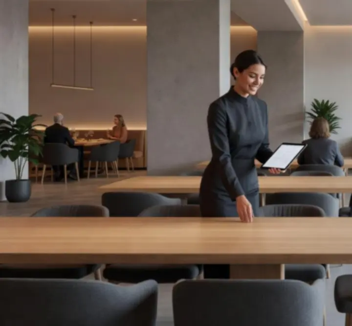 Elegantní interiér restaurace Czech Venue Hub s příjemným nasvícením a stolky připravenými k večeři.
